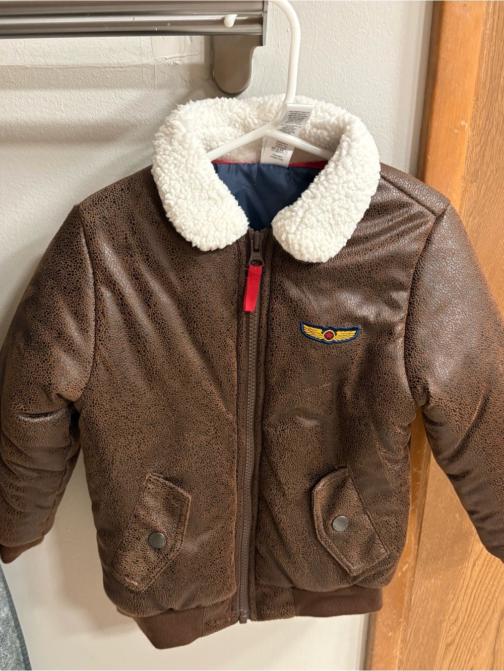 Little Me Brown Faux-Leather Puffer Jacket with White Sherpa Collar